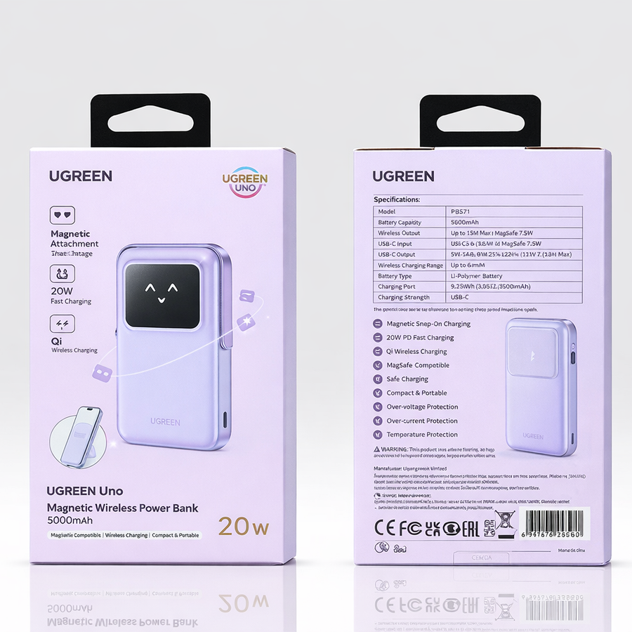 UGREEN Uno PB571 Magnetic Wireless Power Bank 5000mAh – 20W PD Fast Charging MagSafe Compatible Portable Charger-Flash Zone Electronics فلاش زون للالكترونيات