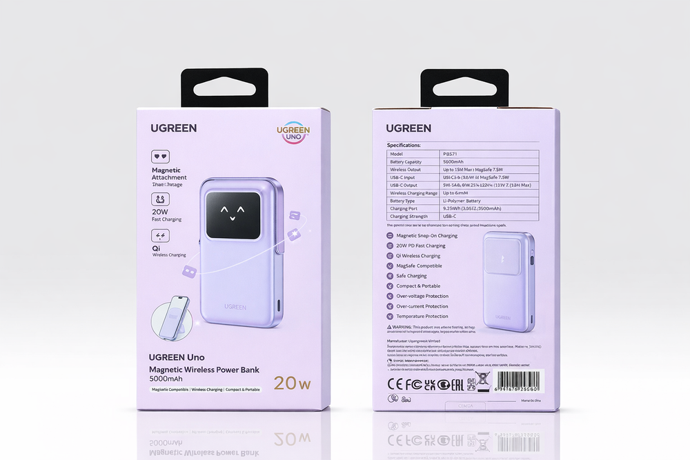 UGREEN Uno PB571 Magnetic Wireless Power Bank 5000mAh – 20W PD Fast Charging MagSafe Compatible Portable Charger-Flash Zone Electronics فلاش زون للالكترونيات