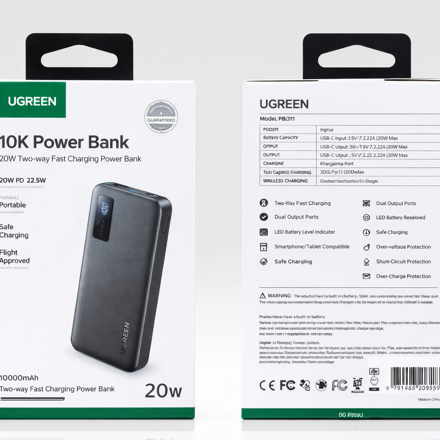 UGREEN PB311 10000mAh Power Bank – 20W Two-Way Fast Charging Portable Charger with USB-C Input/Output-Flash Zone Electronics فلاش زون للالكترونيات