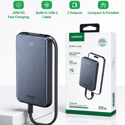 UGREEN 10000mAh Power Bank with Built-in Cable – 20W PD Fast Charging Portable Charger-Flash Zone Electronics فلاش زون للالكترونيات