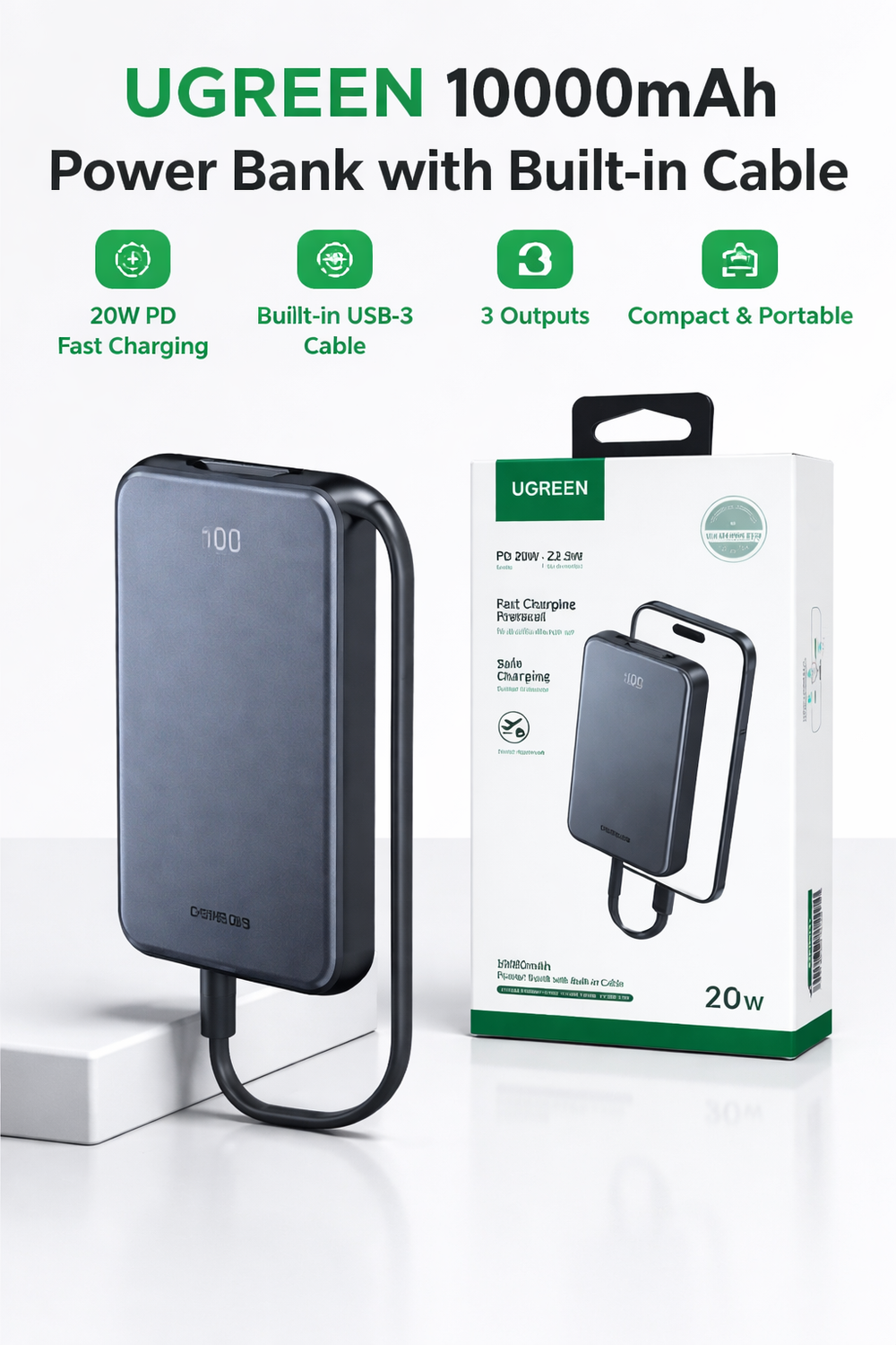 UGREEN 10000mAh Power Bank with Built-in Cable – 20W PD Fast Charging Portable Charger-Flash Zone Electronics فلاش زون للالكترونيات