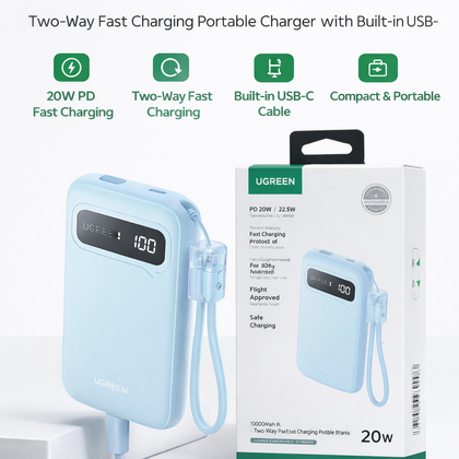 UGREEN 10000mAh PD 20W Power Bank – Two-Way Fast Charging Portable Charger with Built-in USB-C Cable-Flash Zone Electronics فلاش زون للالكترونيات