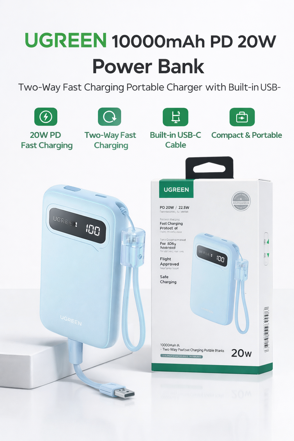 UGREEN 10000mAh PD 20W Power Bank – Two-Way Fast Charging Portable Charger with Built-in USB-C Cable-Flash Zone Electronics فلاش زون للالكترونيات
