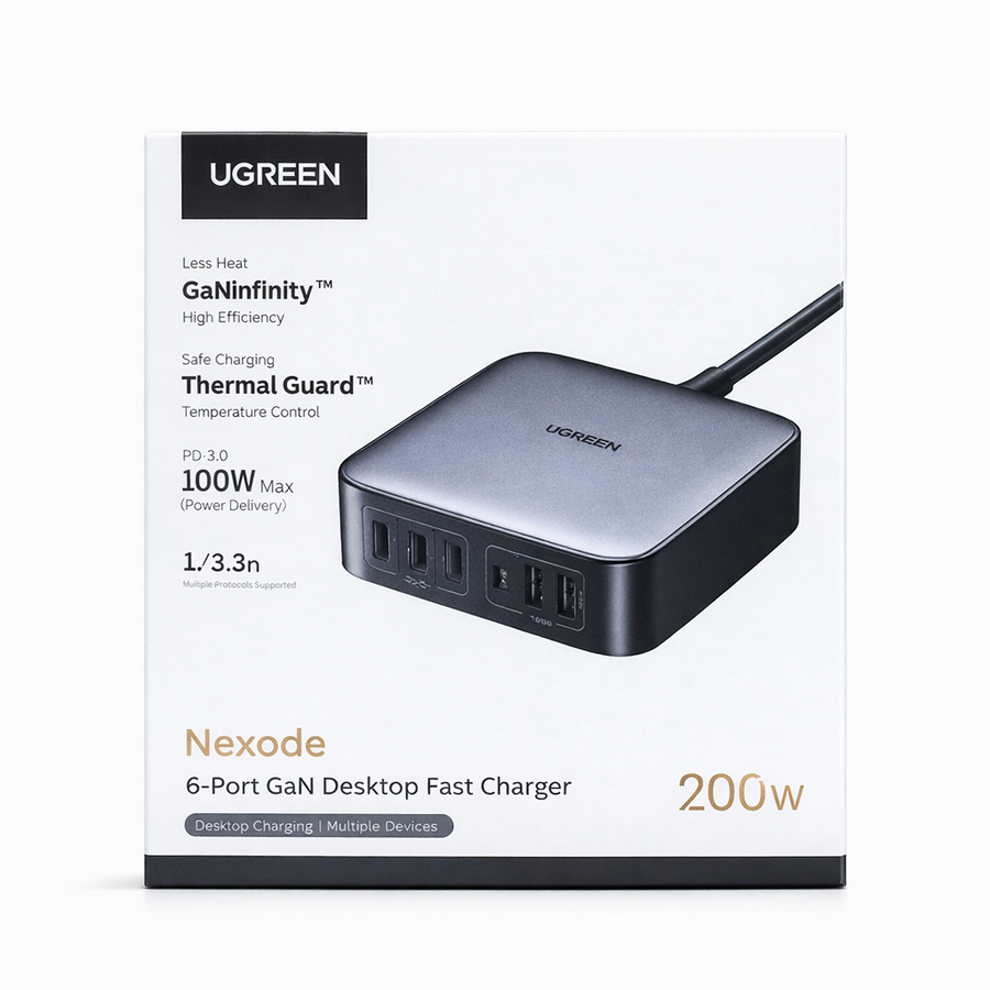 UGREEN Nexode 200W 6-Port GaN Desktop Fast Charger (USB-C + USB-A)-Flash Zone Electronics فلاش زون للالكترونيات