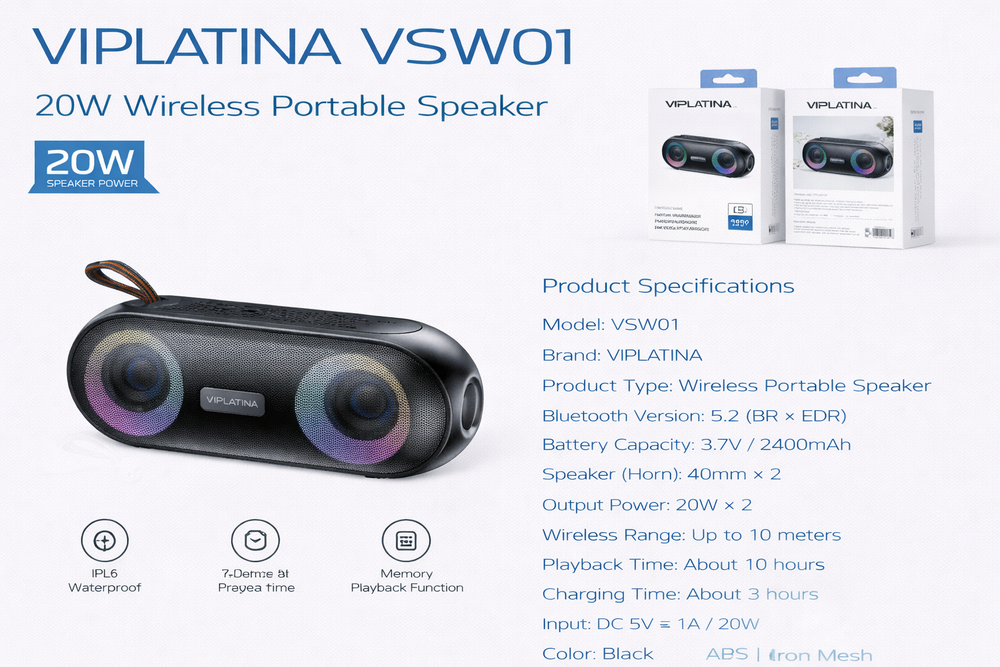 VIPLATINA VSW01 20W Wireless Portable Speaker-Flash Zone Electronics فلاش زون للالكترونيات