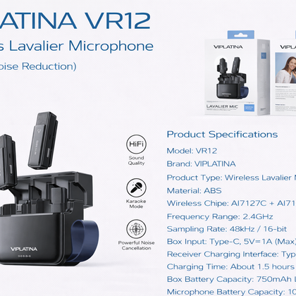 VIPLATINA VR12 Wireless Lavalier Microphone (AI-DSP Noise Reduction)-Flash Zone Electronics فلاش زون للالكترونيات