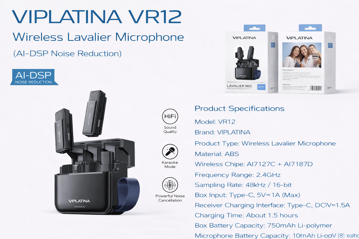VIPLATINA VR12 Wireless Lavalier Microphone (AI-DSP Noise Reduction)-Flash Zone Electronics فلاش زون للالكترونيات