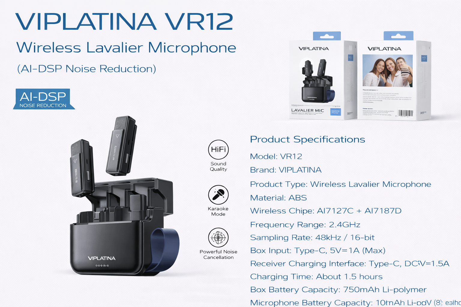 VIPLATINA VR12 Wireless Lavalier Microphone (AI-DSP Noise Reduction)-Flash Zone Electronics فلاش زون للالكترونيات