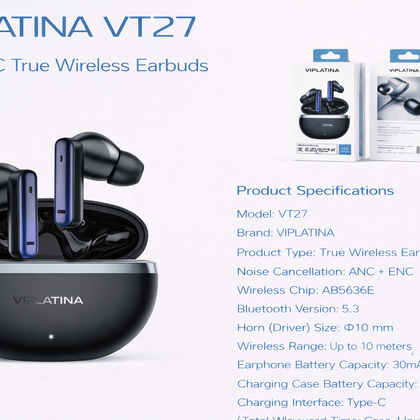 VIPLATINA VT27 ANC+ENC True Wireless Earbuds-Flash Zone Electronics فلاش زون للالكترونيات