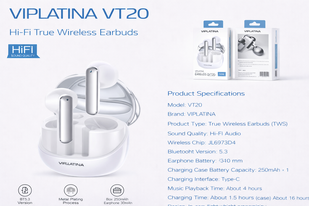 VIPLATINA VT20 Hi-Fi True Wireless Earbuds-Flash Zone Electronics فلاش زون للالكترونيات