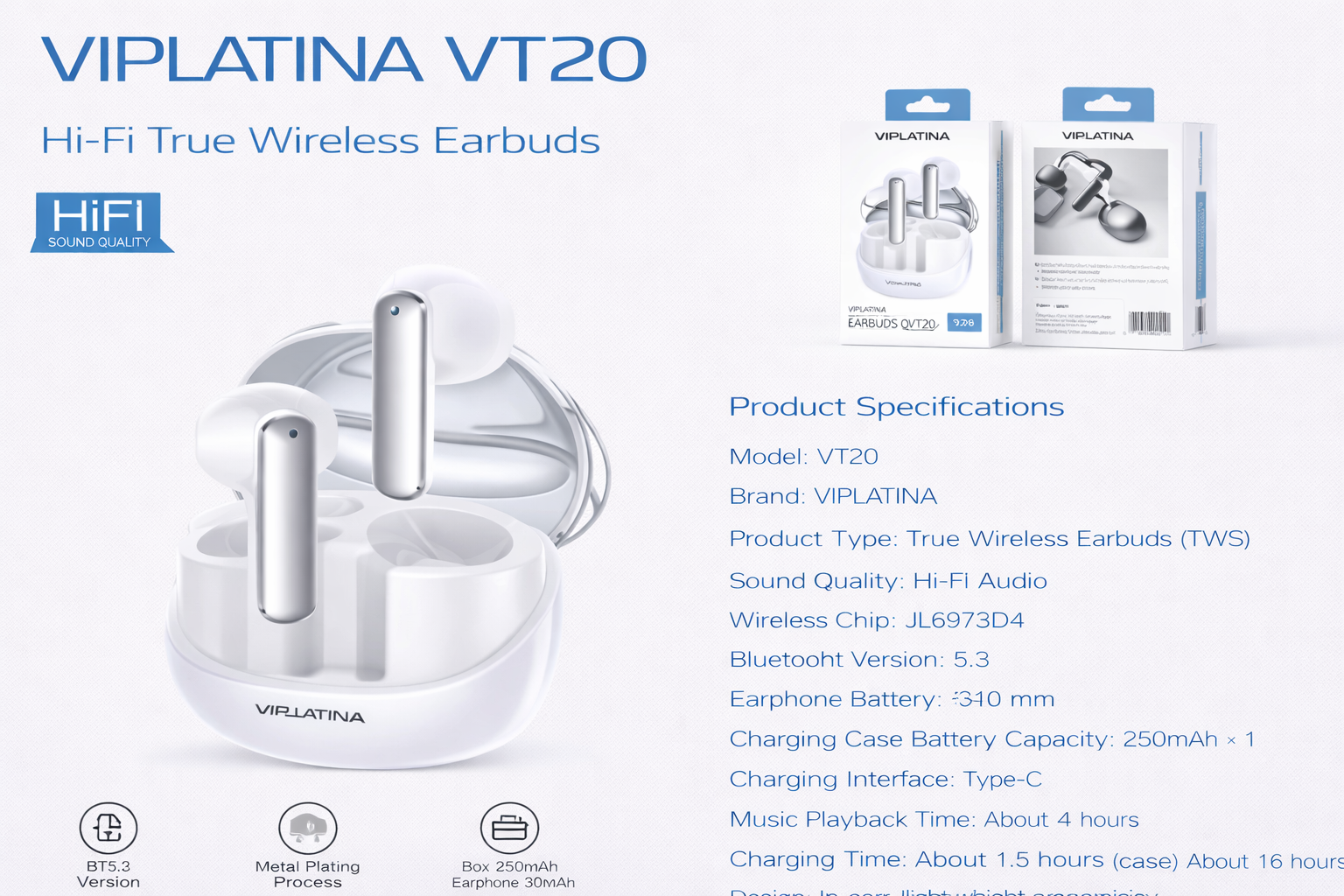 VIPLATINA VT20 Hi-Fi True Wireless Earbuds-Flash Zone Electronics فلاش زون للالكترونيات