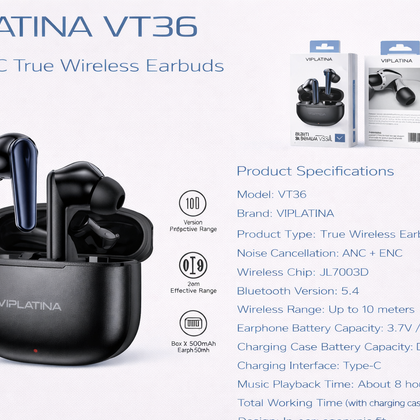 VIPLATINA VT36 ANC+ENC True Wireless Earbuds-Flash Zone Electronics فلاش زون للالكترونيات