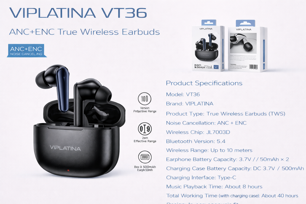 VIPLATINA VT36 ANC+ENC True Wireless Earbuds-Flash Zone Electronics فلاش زون للالكترونيات