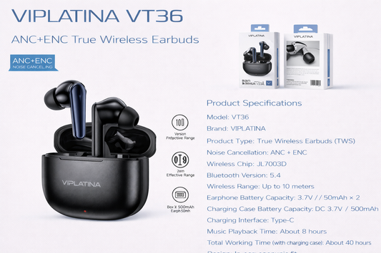 VIPLATINA VT36 ANC+ENC True Wireless Earbuds-Flash Zone Electronics فلاش زون للالكترونيات