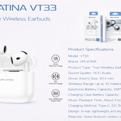 VIPLATINA VT33 Hi-Fi True Wireless Earbuds-Flash Zone Electronics فلاش زون للالكترونيات