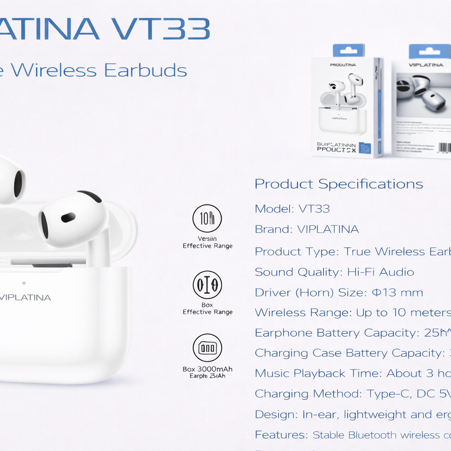 VIPLATINA VT33 Hi-Fi True Wireless Earbuds-Flash Zone Electronics فلاش زون للالكترونيات