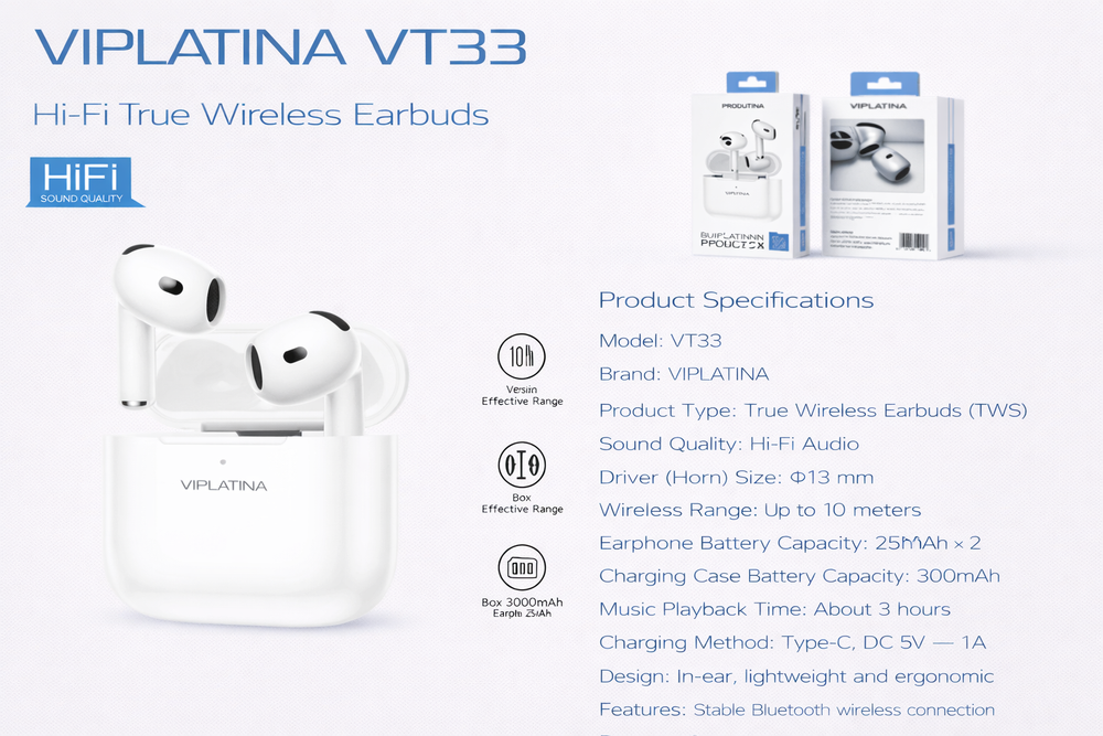 VIPLATINA VT33 Hi-Fi True Wireless Earbuds-Flash Zone Electronics فلاش زون للالكترونيات
