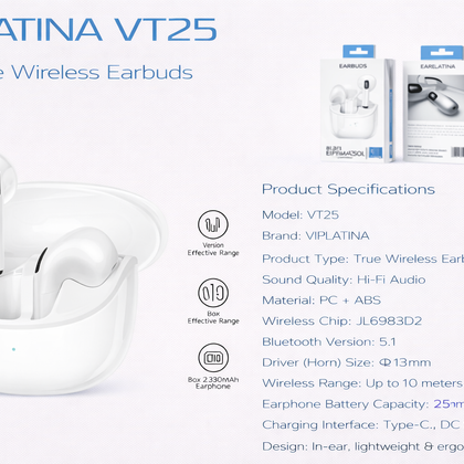 VIPLATINA VT25 Hi-Fi True Wireless Earbuds-Flash Zone Electronics فلاش زون للالكترونيات