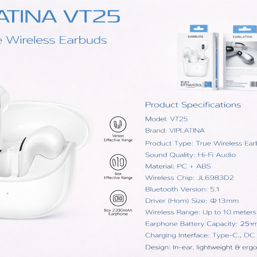 VIPLATINA VT25 Hi-Fi True Wireless Earbuds-Flash Zone Electronics فلاش زون للالكترونيات