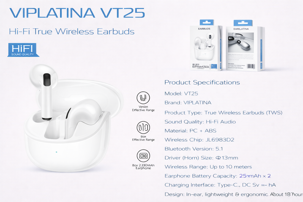 VIPLATINA VT25 Hi-Fi True Wireless Earbuds-Flash Zone Electronics فلاش زون للالكترونيات