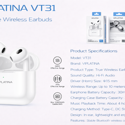 VIPLATINA VT31 Hi-Fi True Wireless Earbuds-Flash Zone Electronics فلاش زون للالكترونيات