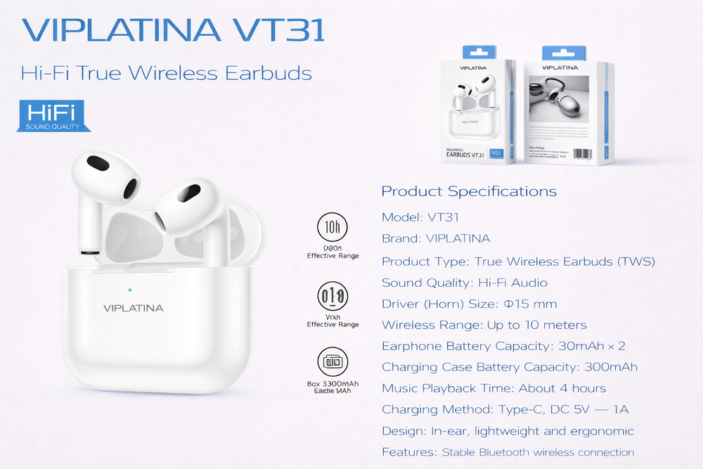 VIPLATINA VT31 Hi-Fi True Wireless Earbuds-Flash Zone Electronics فلاش زون للالكترونيات