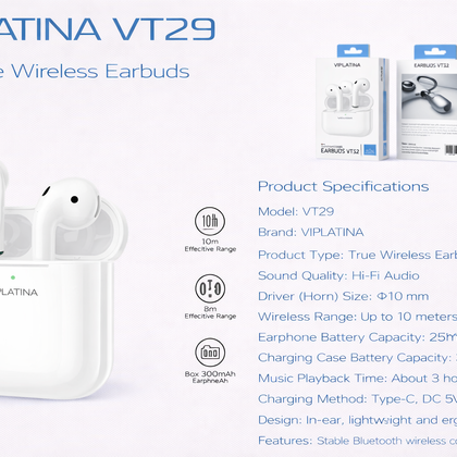 VIPLATINA VT29 Hi-Fi True Wireless Earbuds-Flash Zone Electronics فلاش زون للالكترونيات