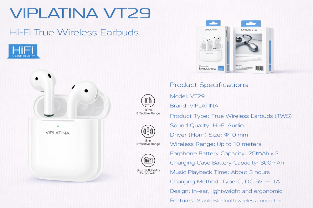 VIPLATINA VT29 Hi-Fi True Wireless Earbuds-Flash Zone Electronics فلاش زون للالكترونيات