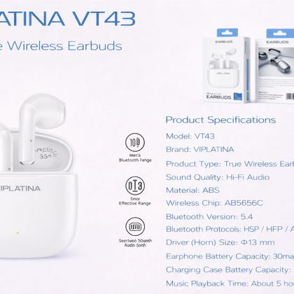 VIPLATINA VT43 Hi-Fi True Wireless Earbuds-Flash Zone Electronics فلاش زون للالكترونيات