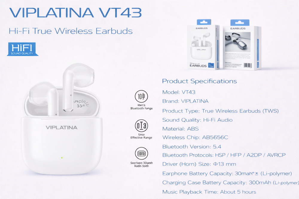 VIPLATINA VT43 Hi-Fi True Wireless Earbuds-Flash Zone Electronics فلاش زون للالكترونيات