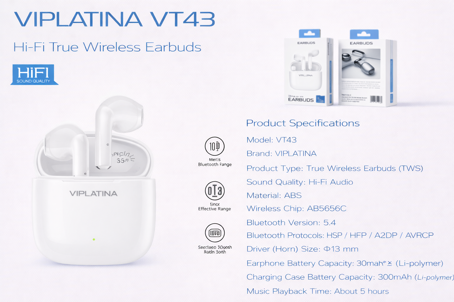 VIPLATINA VT43 Hi-Fi True Wireless Earbuds-Flash Zone Electronics فلاش زون للالكترونيات