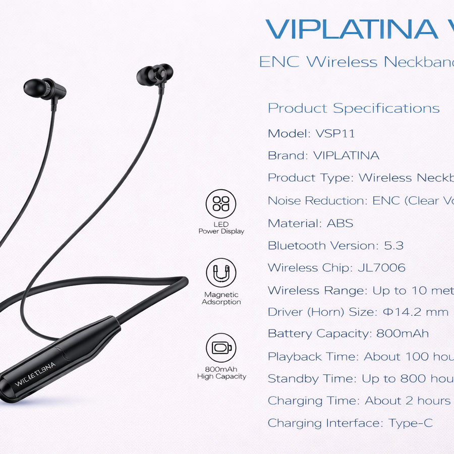 VIPLATINA VSP11 ENC Wireless Neckband Earphones-Flash Zone Electronics فلاش زون للالكترونيات