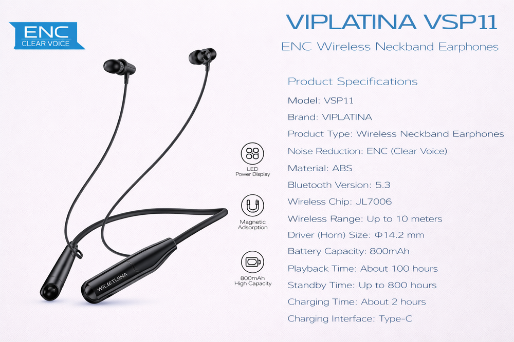 VIPLATINA VSP11 ENC Wireless Neckband Earphones-Flash Zone Electronics فلاش زون للالكترونيات