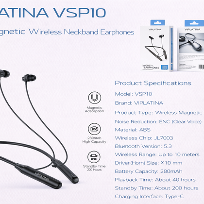 VIPLATINA VSP10 ENC Magnetic Wireless Neckband Earphones-Flash Zone Electronics فلاش زون للالكترونيات