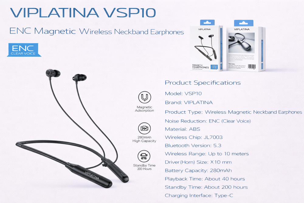 VIPLATINA VSP10 ENC Magnetic Wireless Neckband Earphones-Flash Zone Electronics فلاش زون للالكترونيات