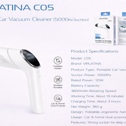 VIPLATINA C05 Portable Car Vacuum Cleaner (5000Pa Suction)-Flash Zone Electronics فلاش زون للالكترونيات