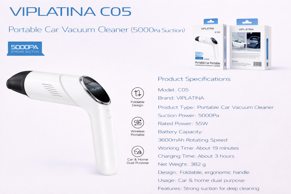 VIPLATINA C05 Portable Car Vacuum Cleaner (5000Pa Suction)-Flash Zone Electronics فلاش زون للالكترونيات
