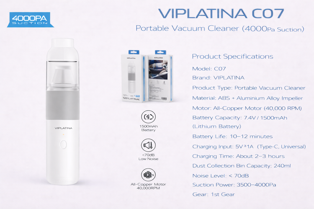 VIPLATINA C07 Portable Vacuum Cleaner (4000Pa Suction)-Flash Zone Electronics فلاش زون للالكترونيات