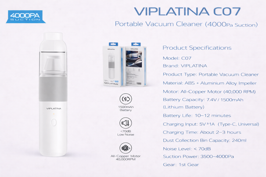 VIPLATINA C07 Portable Vacuum Cleaner (4000Pa Suction)-Flash Zone Electronics فلاش زون للالكترونيات