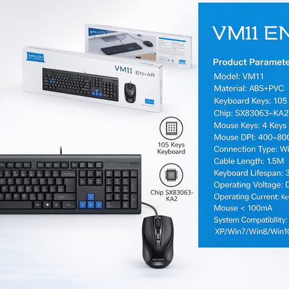 VM11 EN+AR Wired Keyboard & Mouse Combo-Flash Zone Electronics فلاش زون للالكترونيات