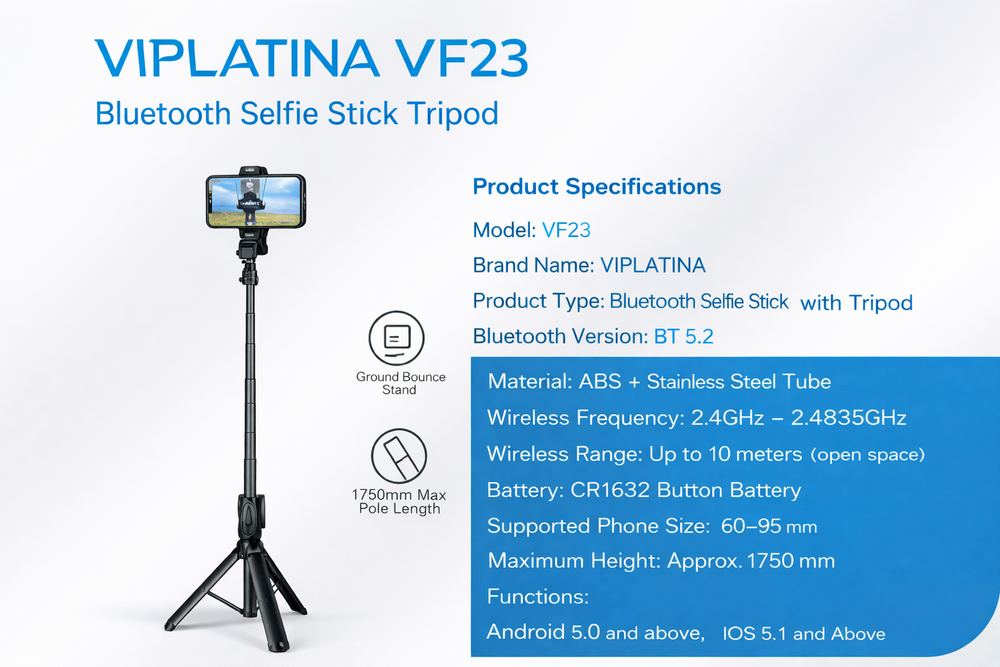 VIPLATINA VF23 Bluetooth Selfie Stick Tripod-Flash Zone Electronics فلاش زون للالكترونيات