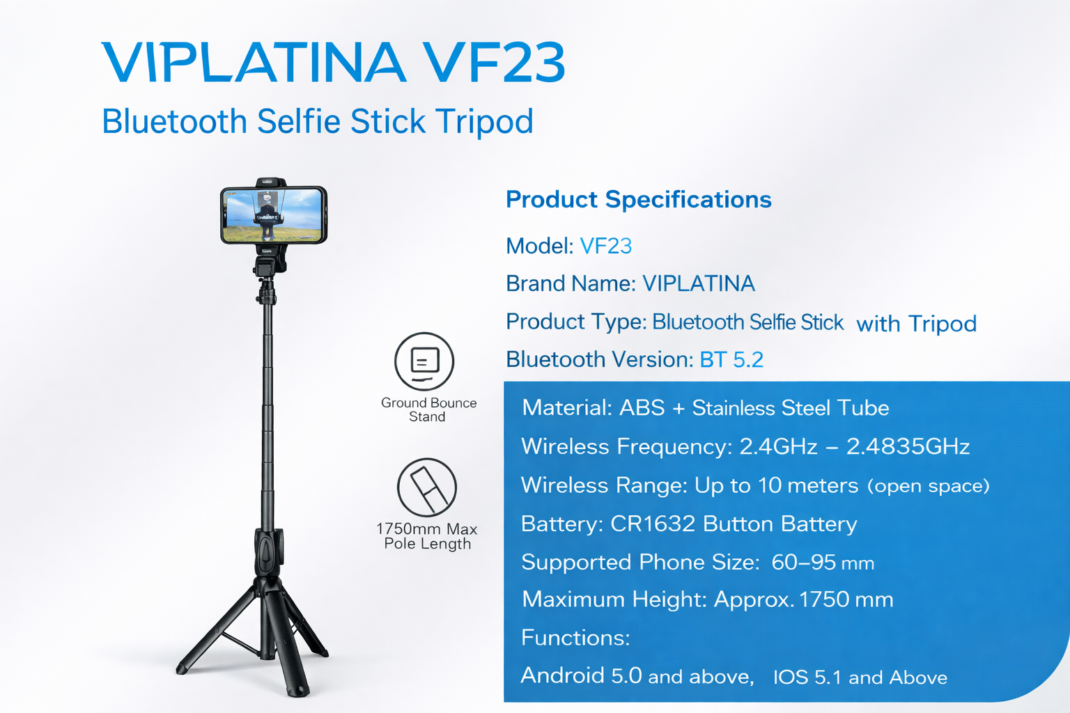 VIPLATINA VF23 Bluetooth Selfie Stick Tripod-Flash Zone Electronics فلاش زون للالكترونيات
