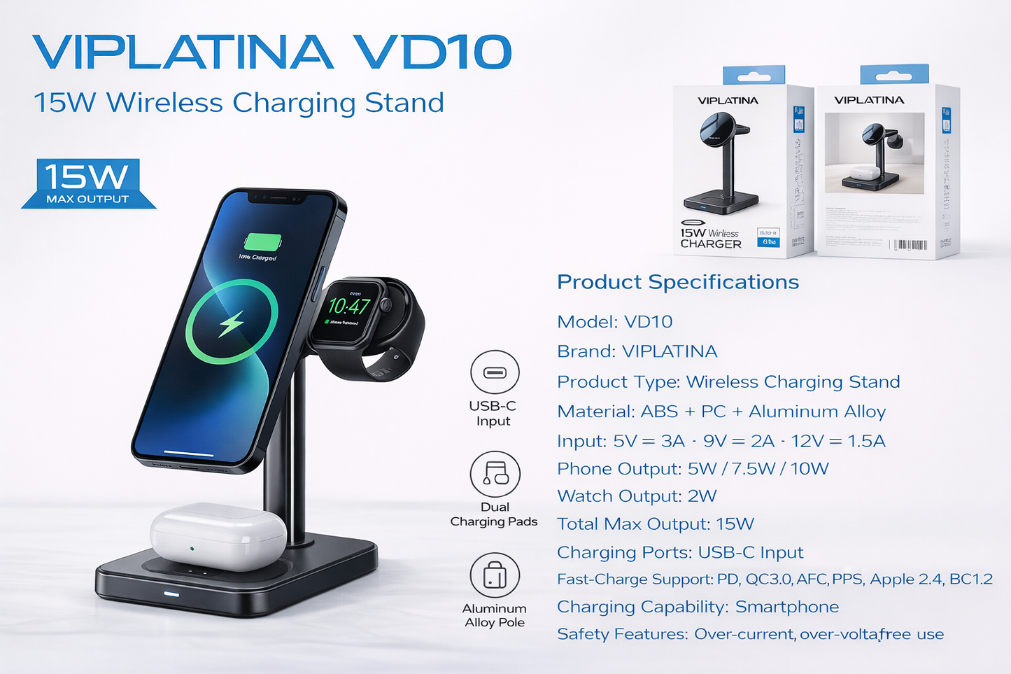 VIPLATINA VD10 15W Wireless Charging Stand-Flash Zone Electronics فلاش زون للالكترونيات