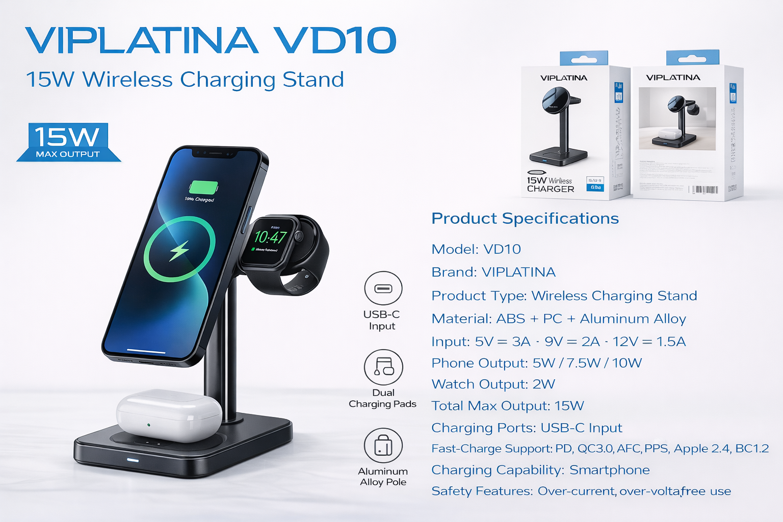 VIPLATINA VD10 15W Wireless Charging Stand-Flash Zone Electronics فلاش زون للالكترونيات