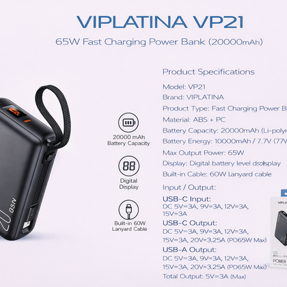 VIPLATINA VP21 65W Fast Charging Power Bank (20000mAh)-Flash Zone Electronics فلاش زون للالكترونيات