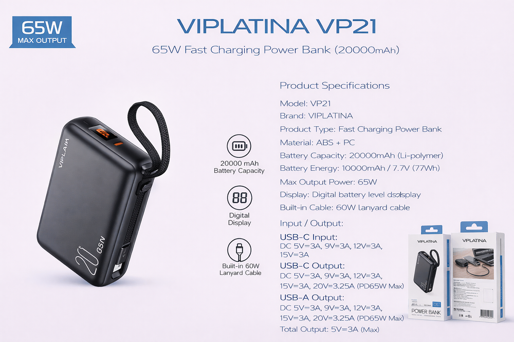VIPLATINA VP21 65W Fast Charging Power Bank (20000mAh)-Flash Zone Electronics فلاش زون للالكترونيات