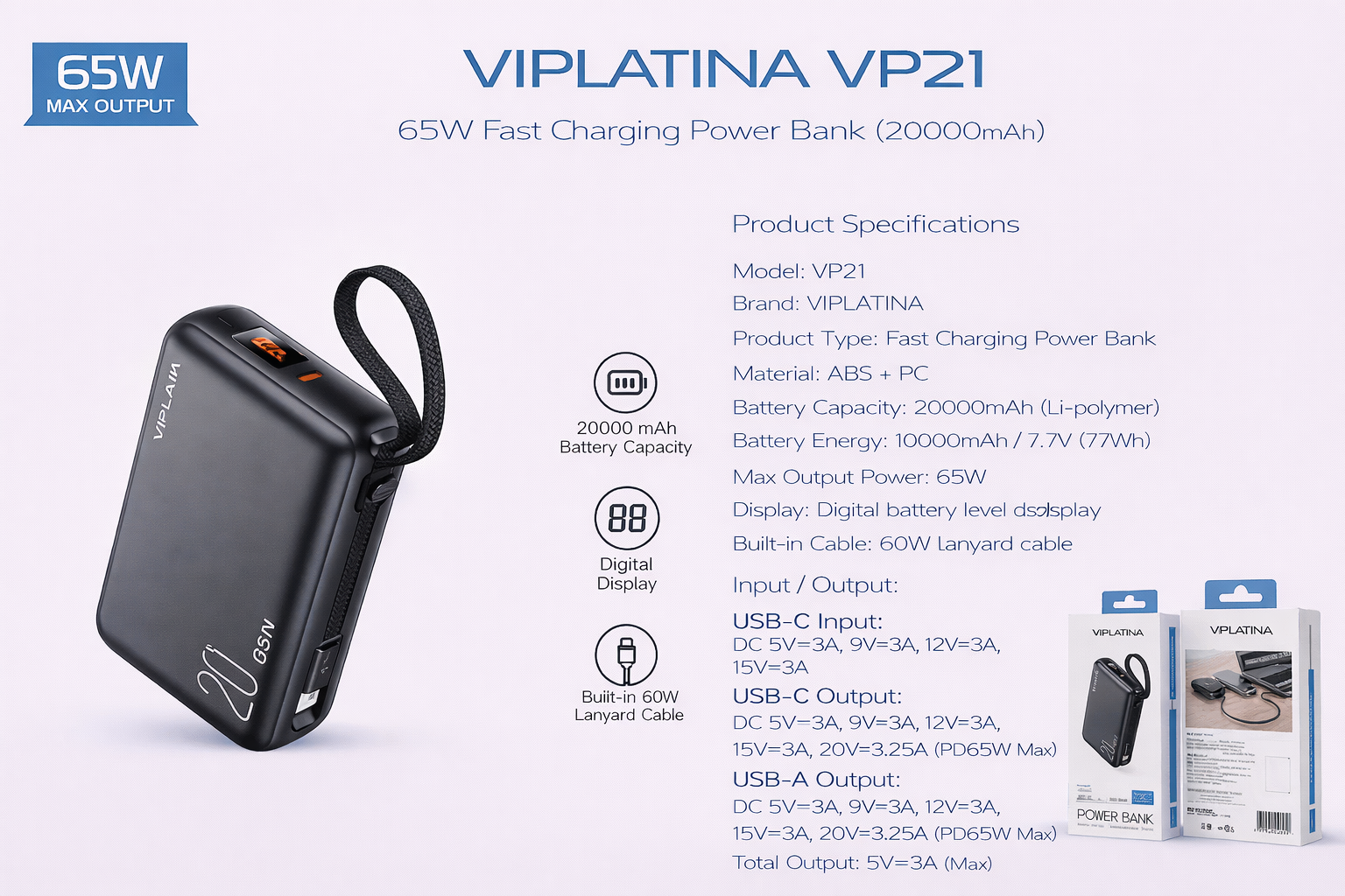 VIPLATINA VP21 65W Fast Charging Power Bank (20000mAh)-Flash Zone Electronics فلاش زون للالكترونيات