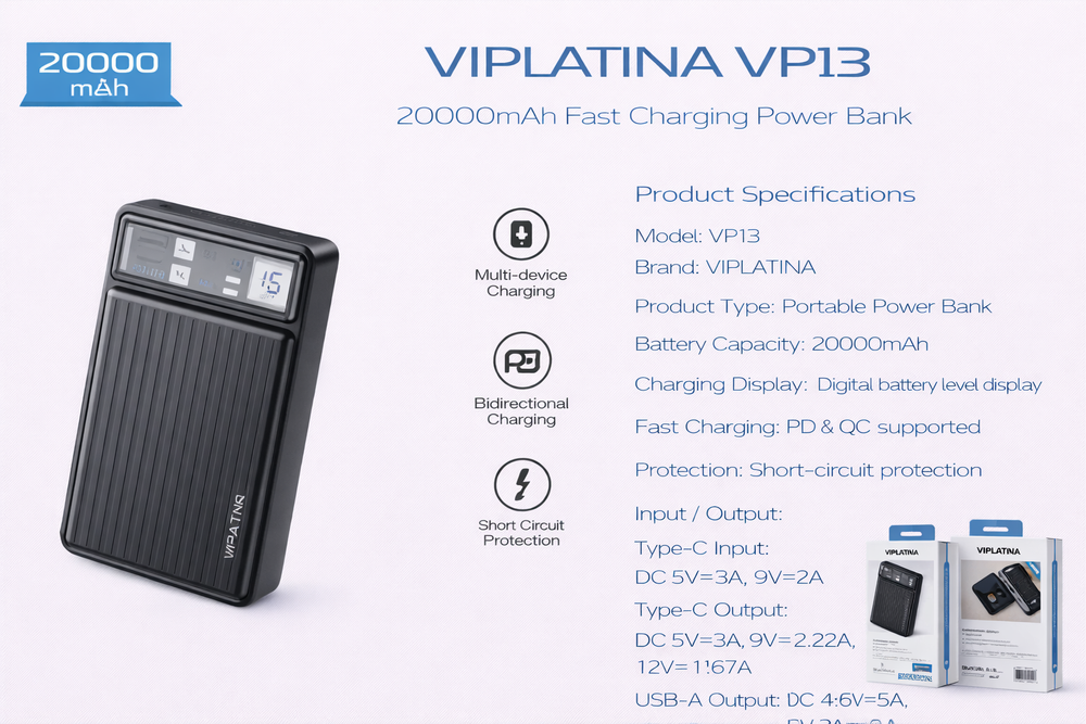 VIPLATINA VP13 20000mAh Fast Charging Power Bank-Flash Zone Electronics فلاش زون للالكترونيات