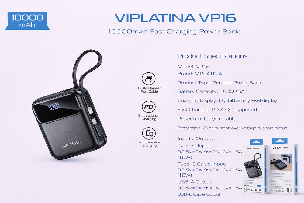 VIPLATINA VP16 10000mAh Fast Charging Power Bank-Flash Zone Electronics فلاش زون للالكترونيات