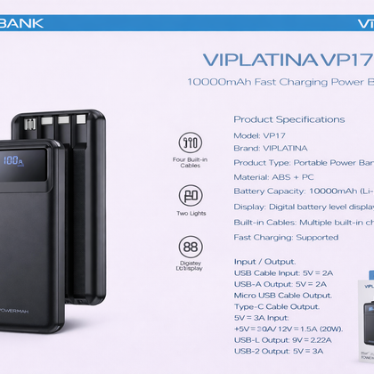 VIPLATINA VP17 10000mAh Fast Charging Power Bank-Flash Zone Electronics فلاش زون للالكترونيات
